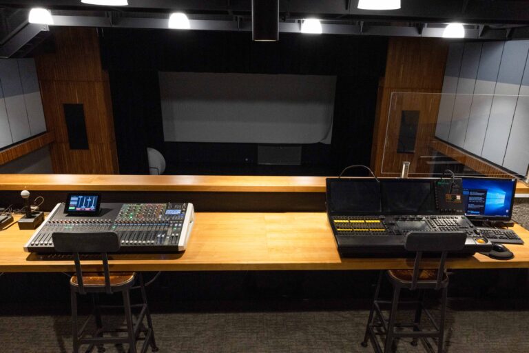 Sound boards on table facing the satge